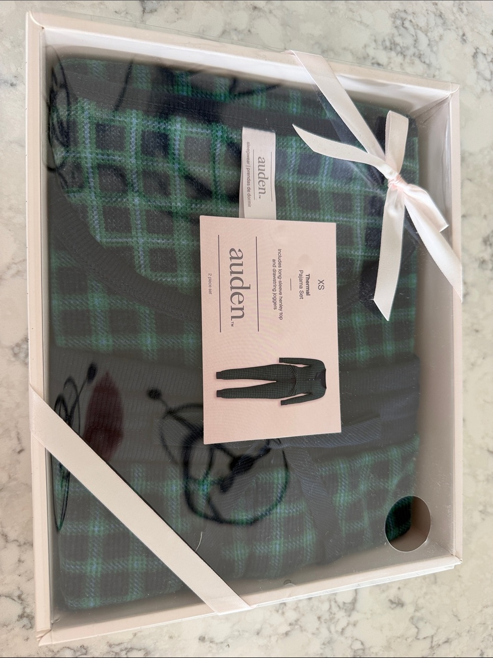 Auden Women's Thermal Long sleeve Pajama Set in Green and Blue Plaid size XS